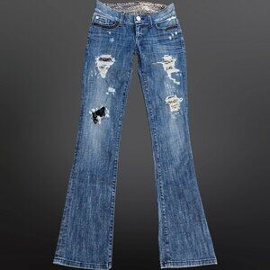 Y2K Marciano Low Rise bootcut Jeans Leopard Print Patches Size 25 Mcbling Trashy